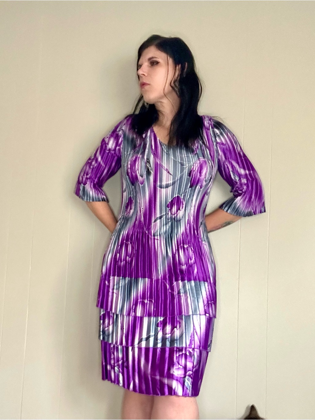 Interesting Vintage Ribbed Pleated Purple Dress With Floral Pattern